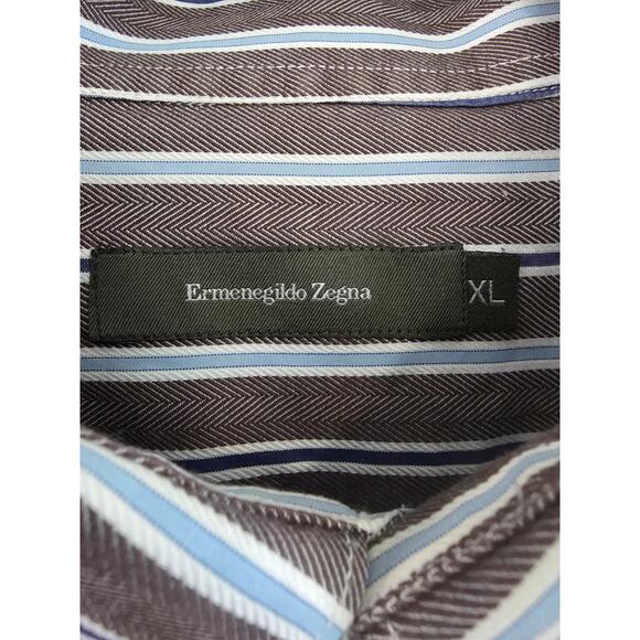 Ermenegildo Zegna Dress Shirt Men's XL Brown Blue Stripe 100% Cotton Business - Picture 4 of 10